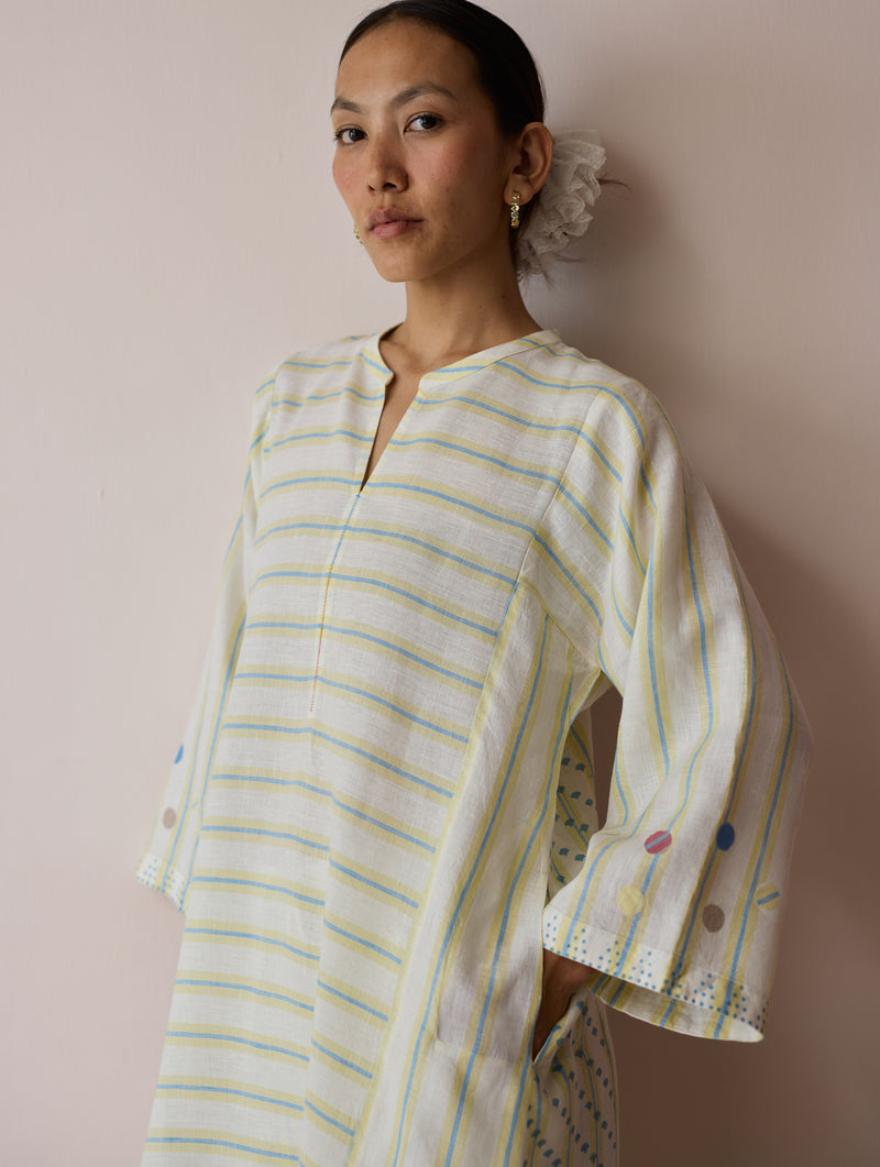 Parvee Block-Printed Linen Kurta Set-Ivory linen light kurta set by Manan in ivory for women Worldwide