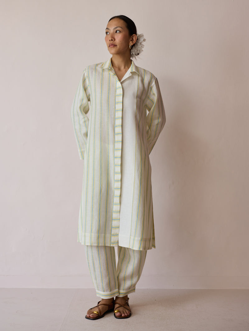 Joana Patchwork Stripe Linen Shirt Kurta-Ivory linen tunics/kaftan by Manan in ivory for women Worldwide