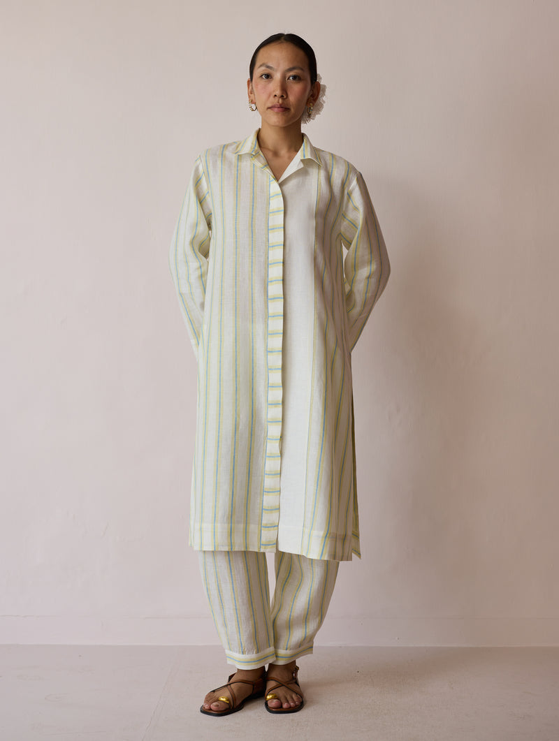 Joana Patchwork Stripe Linen Kurta Sets-Ivory linen light kurta set by Manan in ivory for women Worldwide