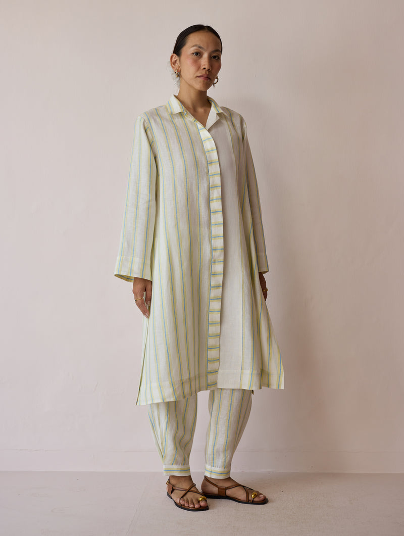 Joana Patchwork Stripe Linen Kurta Sets-Ivory linen light kurta set by Manan in ivory for women Worldwide