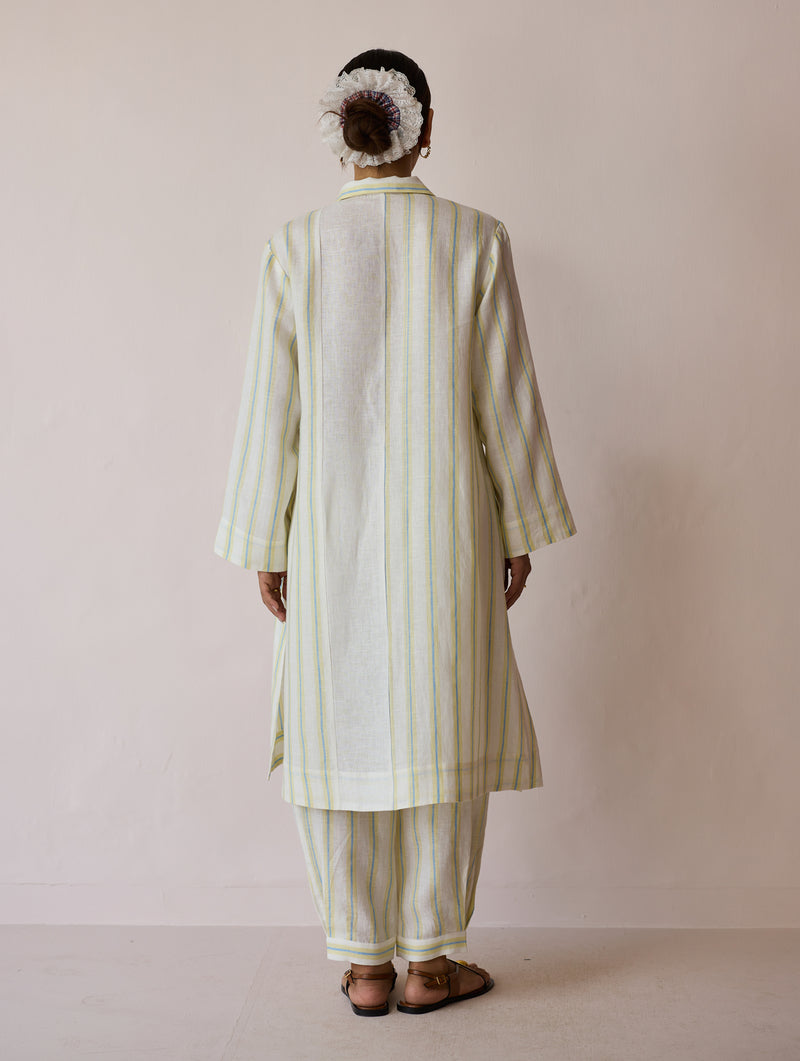 Joana Patchwork Stripe Linen Kurta Sets-Ivory linen light kurta set by Manan in ivory for women Worldwide