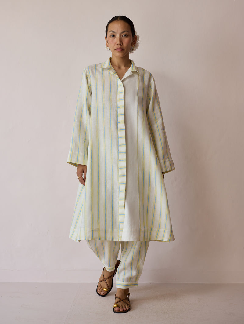 Joana Patchwork Stripe Linen Kurta Sets-Ivory linen light kurta set by Manan in ivory for women Worldwide