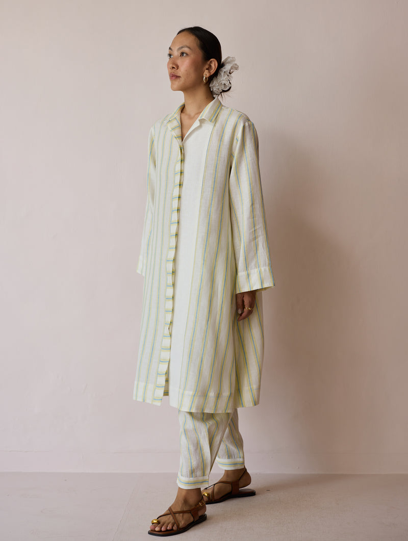 Joana Patchwork Stripe Linen Kurta Sets-Ivory linen light kurta set by Manan in ivory for women Worldwide