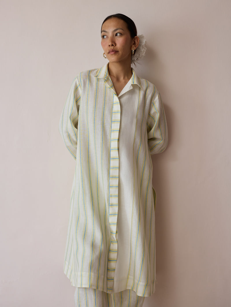 Joana Patchwork Stripe Linen Kurta Sets-Ivory linen light kurta set by Manan in ivory for women Worldwide