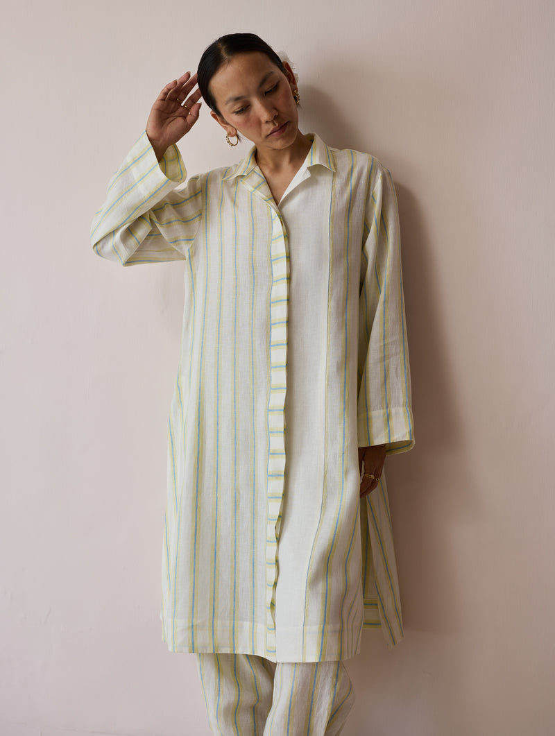 Joana Patchwork Stripe Linen Shirt Kurta-Ivory linen tunics/kaftan by Manan in ivory for women Worldwide