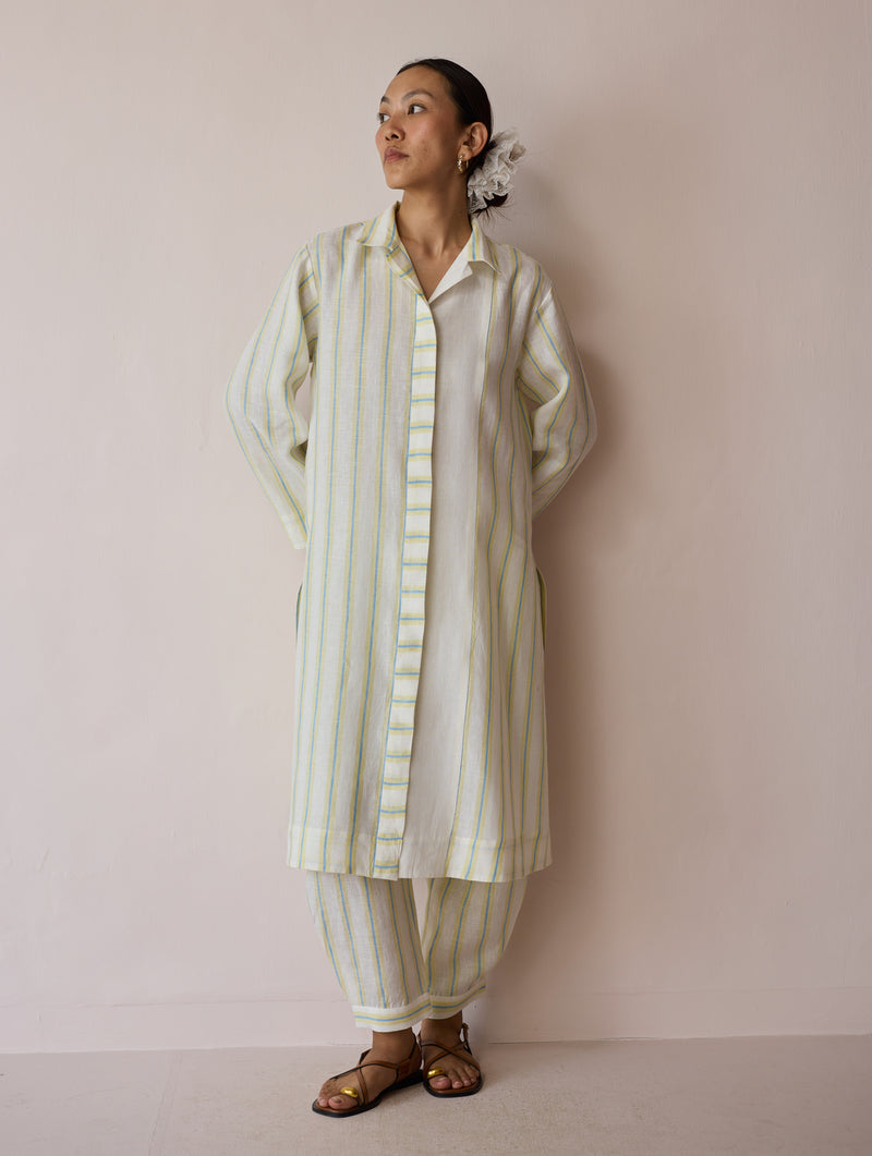 Joana Patchwork Stripe Linen Kurta Sets-Ivory linen light kurta set by Manan in ivory for women Worldwide