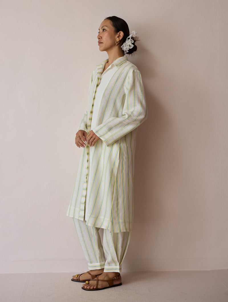 Joana Patchwork Stripe Linen Kurta Sets-Ivory linen light kurta set by Manan in ivory for women Worldwide