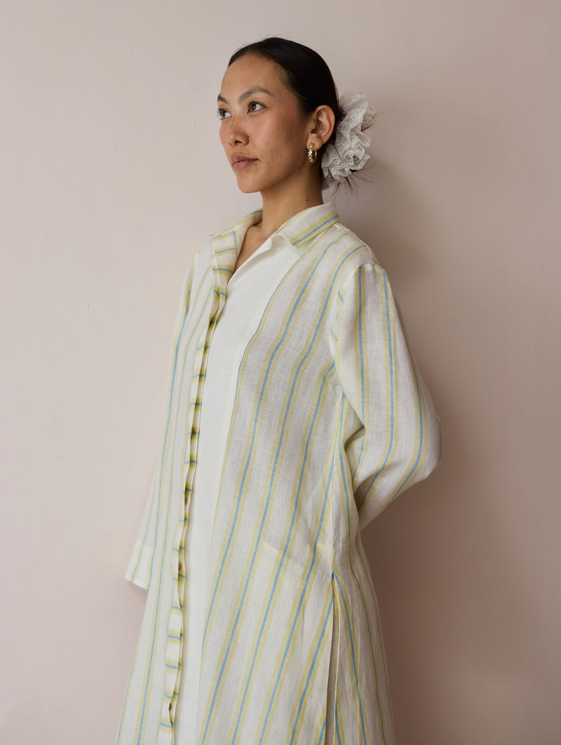 Joana Patchwork Stripe Linen Kurta Sets-Ivory linen light kurta set by Manan in ivory for women Worldwide