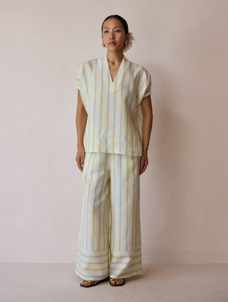 Anne V-Neck Stripe Linen Co-ord-Ivory linen co-ord set by Manan in ivory for women Worldwide