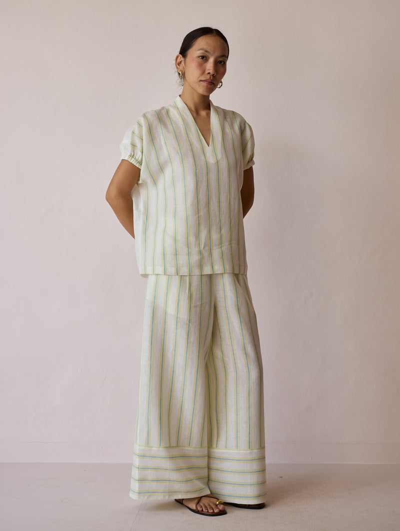 Anne V-Neck Stripe Linen Top-Ivory linen top/shirt by Manan in ivory for women Worldwide