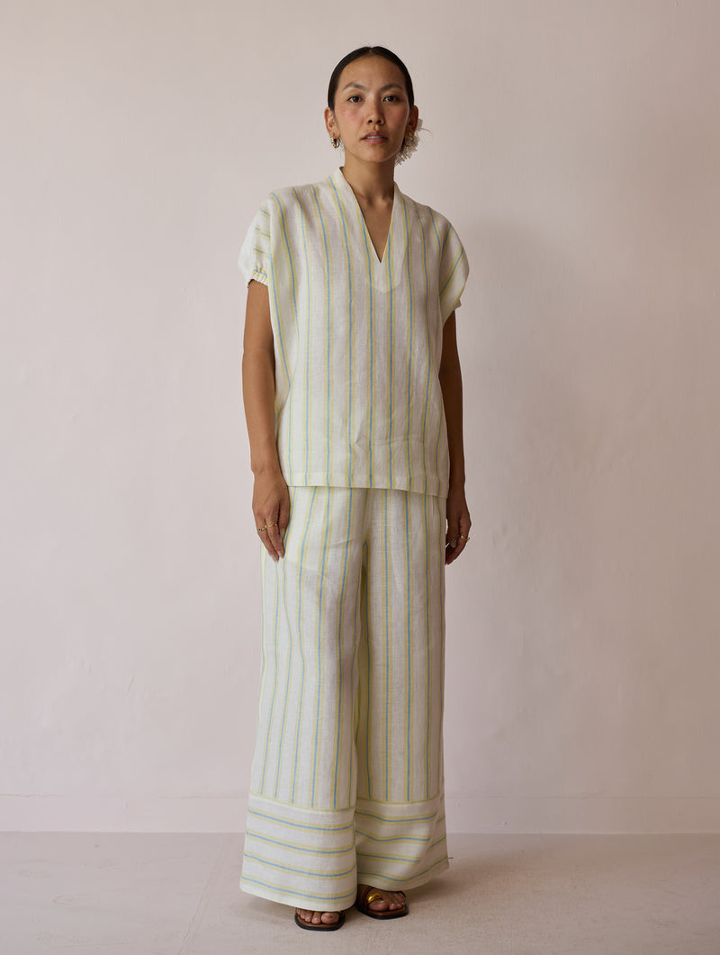 Anne V-Neck Stripe Linen Co-ord-Ivory linen co-ord set by Manan in ivory for women Worldwide