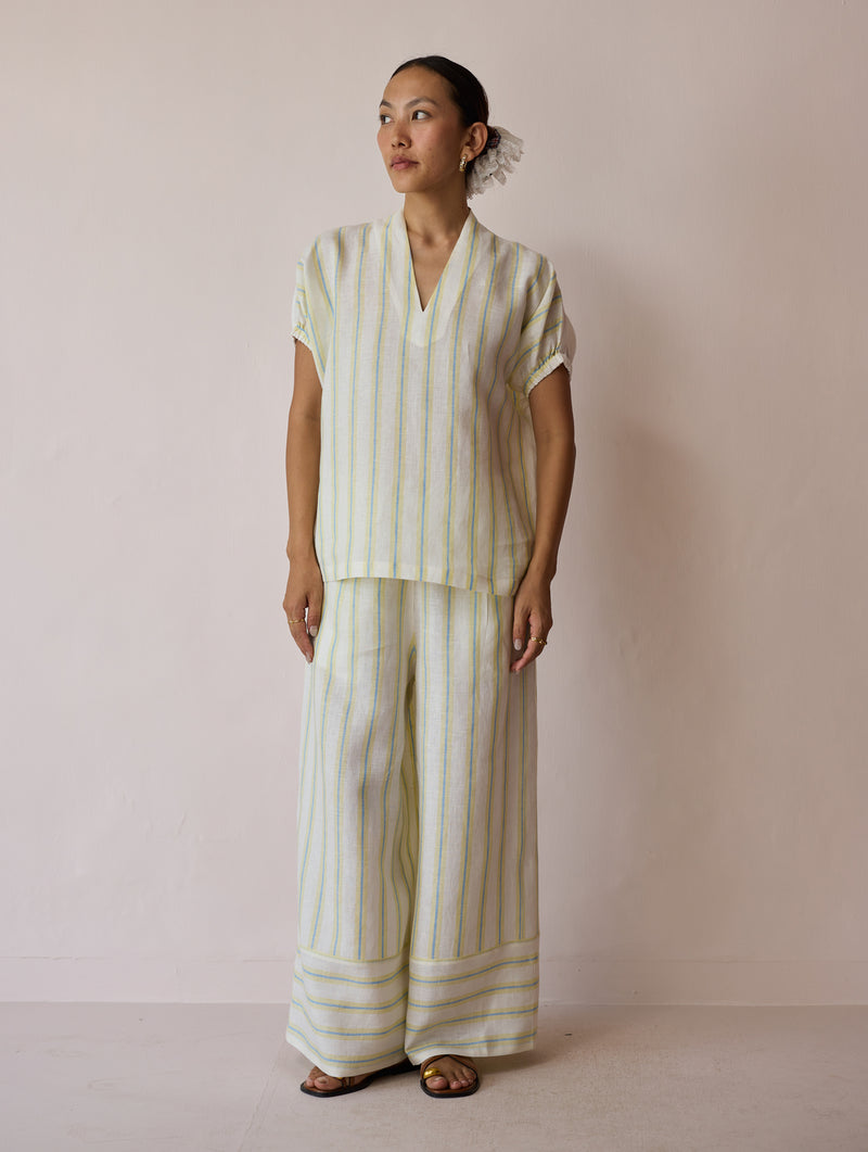 Anne V-Neck Stripe Linen Co-ord-Ivory linen co-ord set by Manan in ivory for women Worldwide