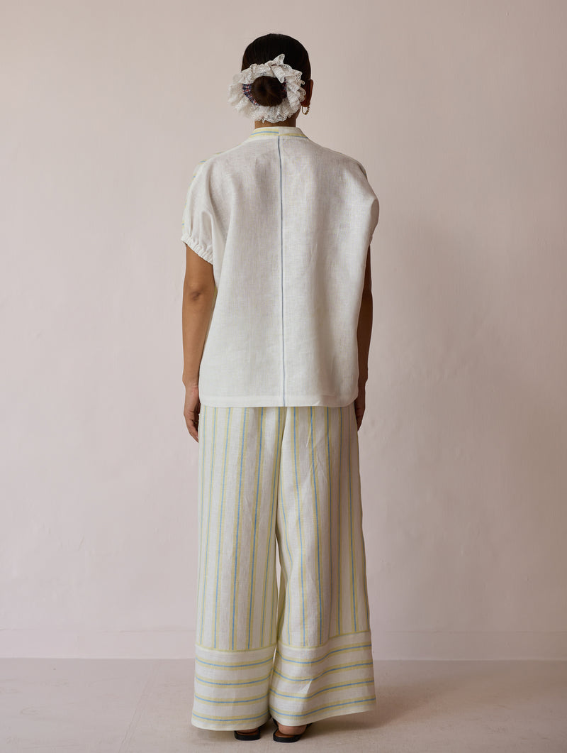 Anne V-Neck Stripe Linen Top-Ivory linen top/shirt by Manan in ivory for women Worldwide