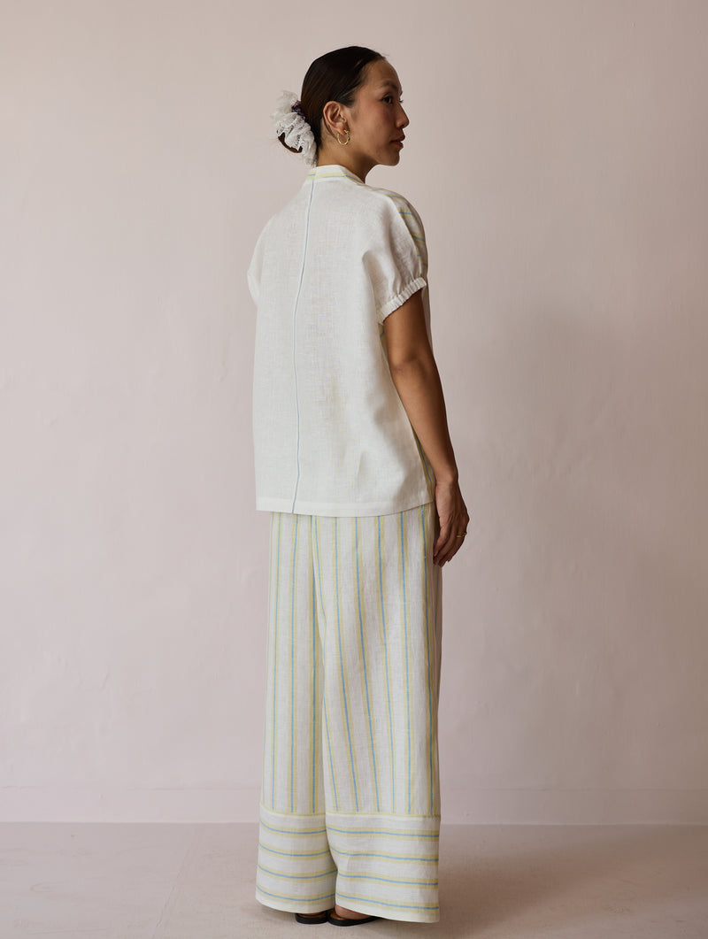 Anne V-Neck Stripe Linen Top-Ivory linen top/shirt by Manan in ivory for women Worldwide