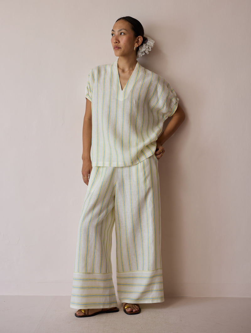 Anne V-Neck Stripe Linen Co-ord-Ivory linen co-ord set by Manan in ivory for women Worldwide