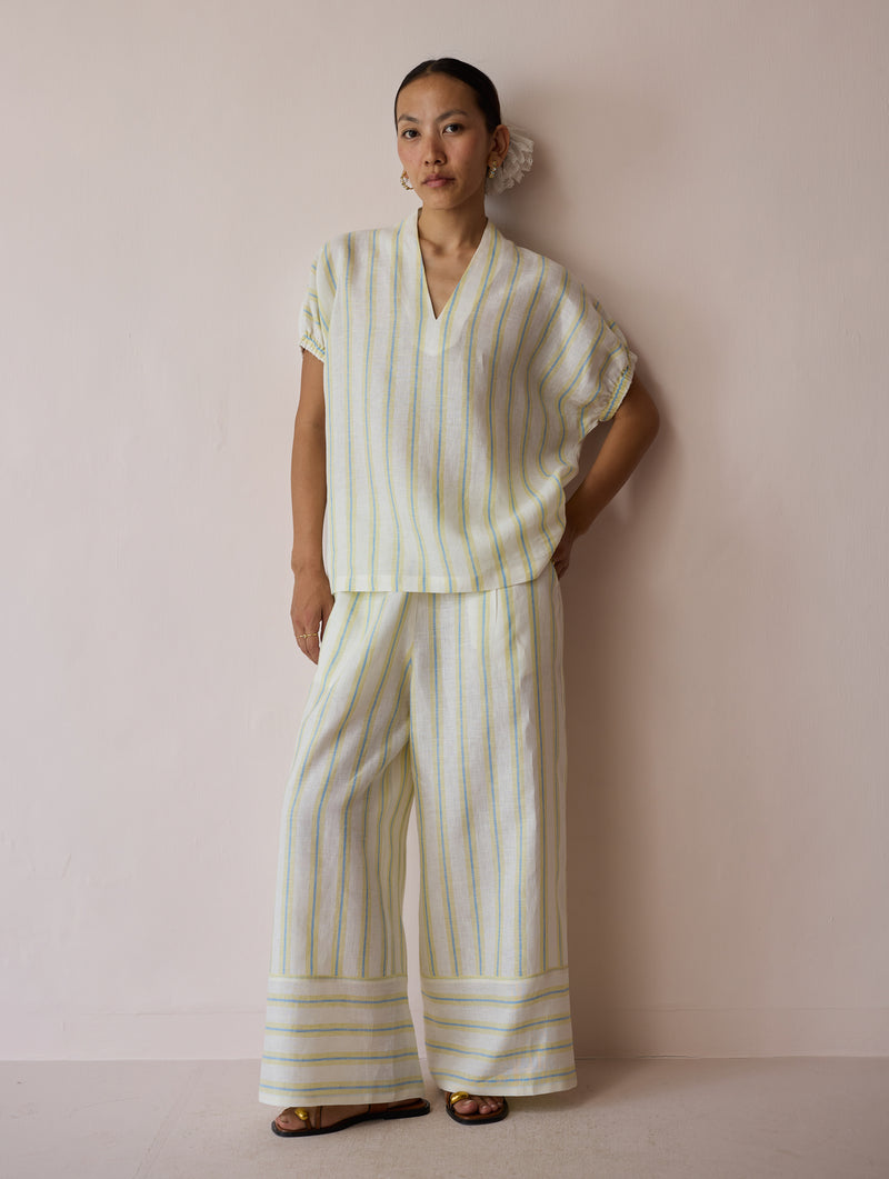 Anne V-Neck Stripe Linen Co-ord-Ivory linen co-ord set by Manan in ivory for women Worldwide
