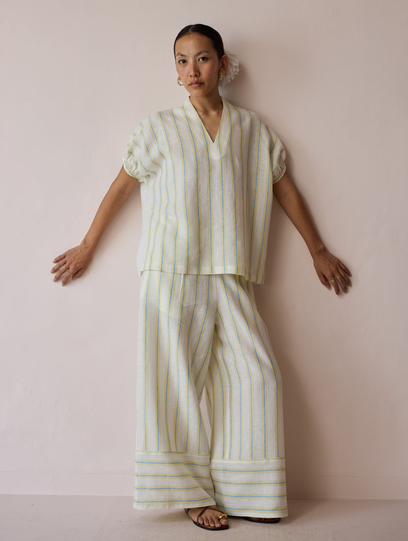 Anne V-Neck Stripe Linen Co-ord-Ivory linen co-ord set by Manan in ivory for women Worldwide