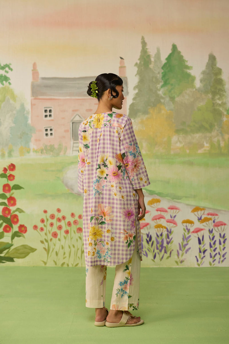 Lilac Daisy Mid Kurta Set cotton co-ord set by Nadiya Paar in lilac for women Worldwide