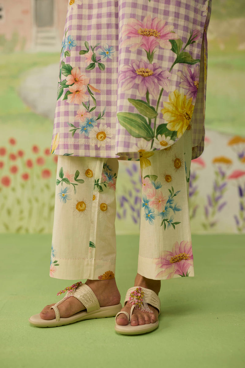 Lilac Daisy Mid Kurta Set cotton co-ord set by Nadiya Paar in lilac for women Worldwide