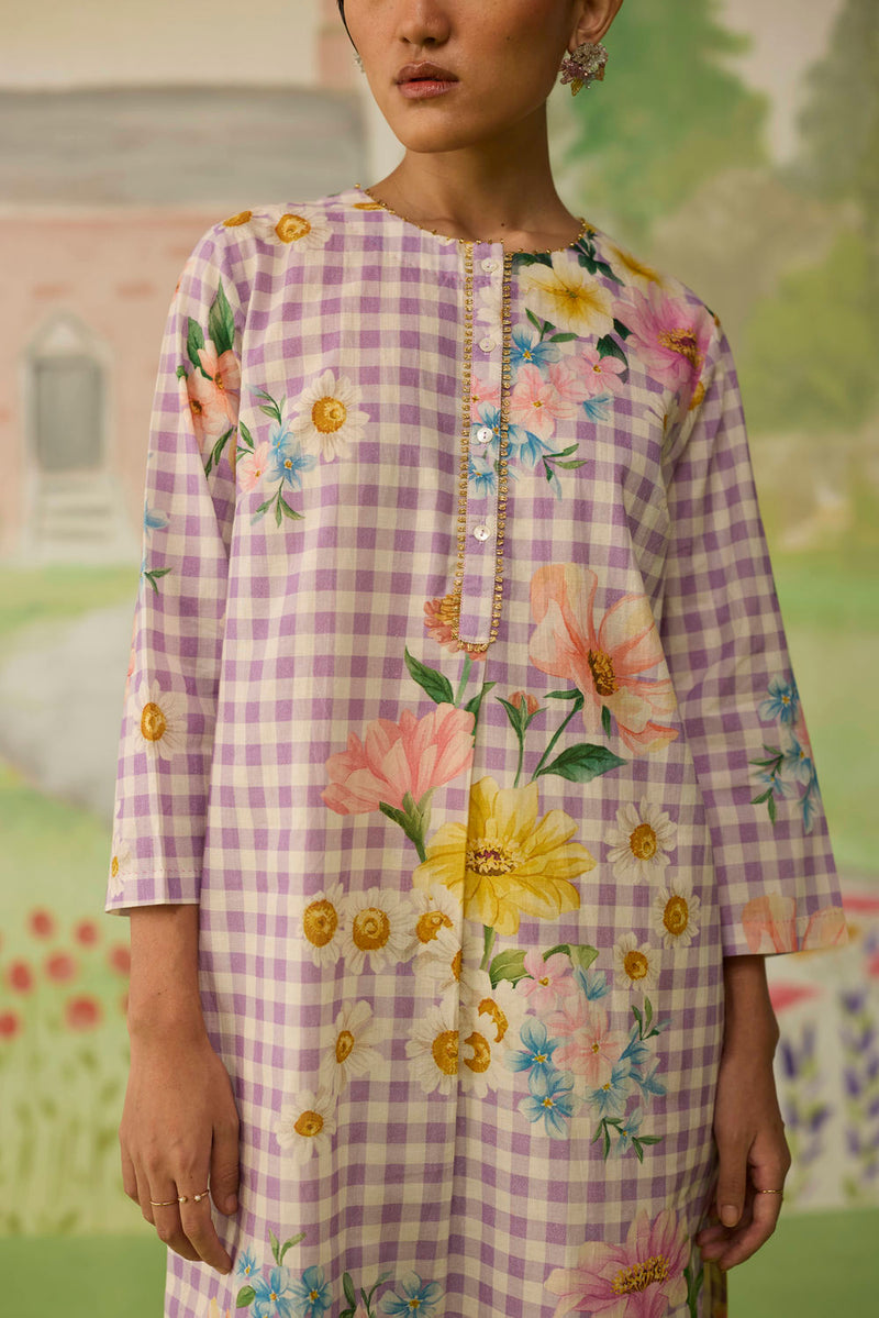 Lilac Daisy Mid Kurta Set cotton co-ord set by Nadiya Paar in lilac for women Worldwide