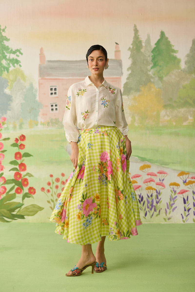 Like a Song Silk Shirt and Skirt Set silk co-ord set by Nadiya Paar in off white, green for women Worldwide