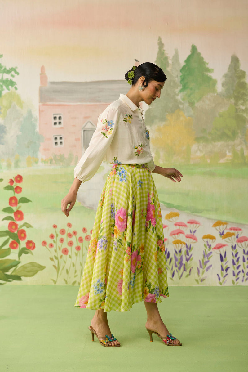Like a Song Silk Shirt and Skirt Set silk co-ord set by Nadiya Paar in off white, green for women Worldwide