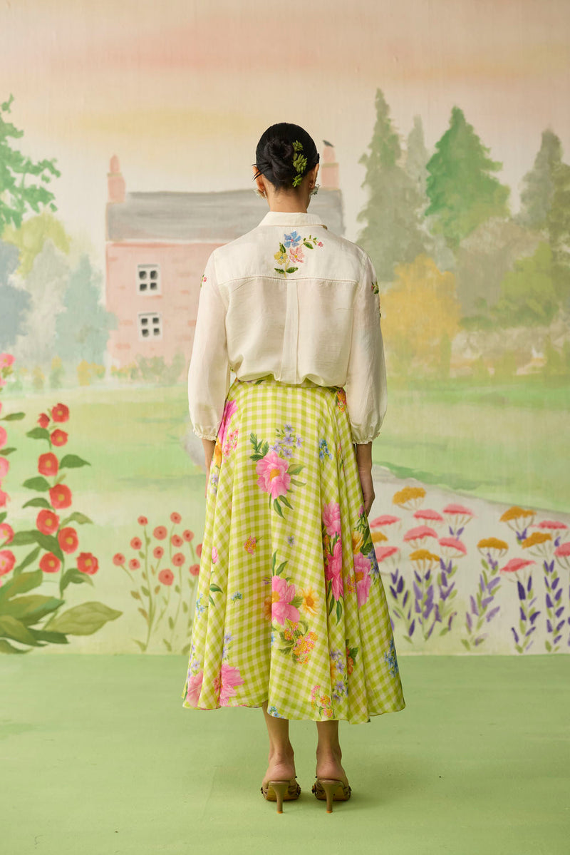 Like a Song Silk Shirt and Skirt Set silk co-ord set by Nadiya Paar in off white, green for women Worldwide