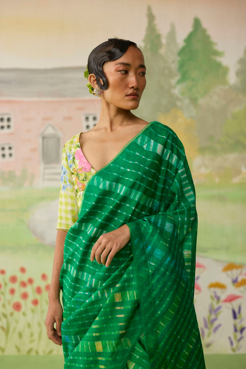 Fern Song Tussar Silk Lehriiya Mothra Sari silk saree by Nadiya Paar in green for women Worldwide