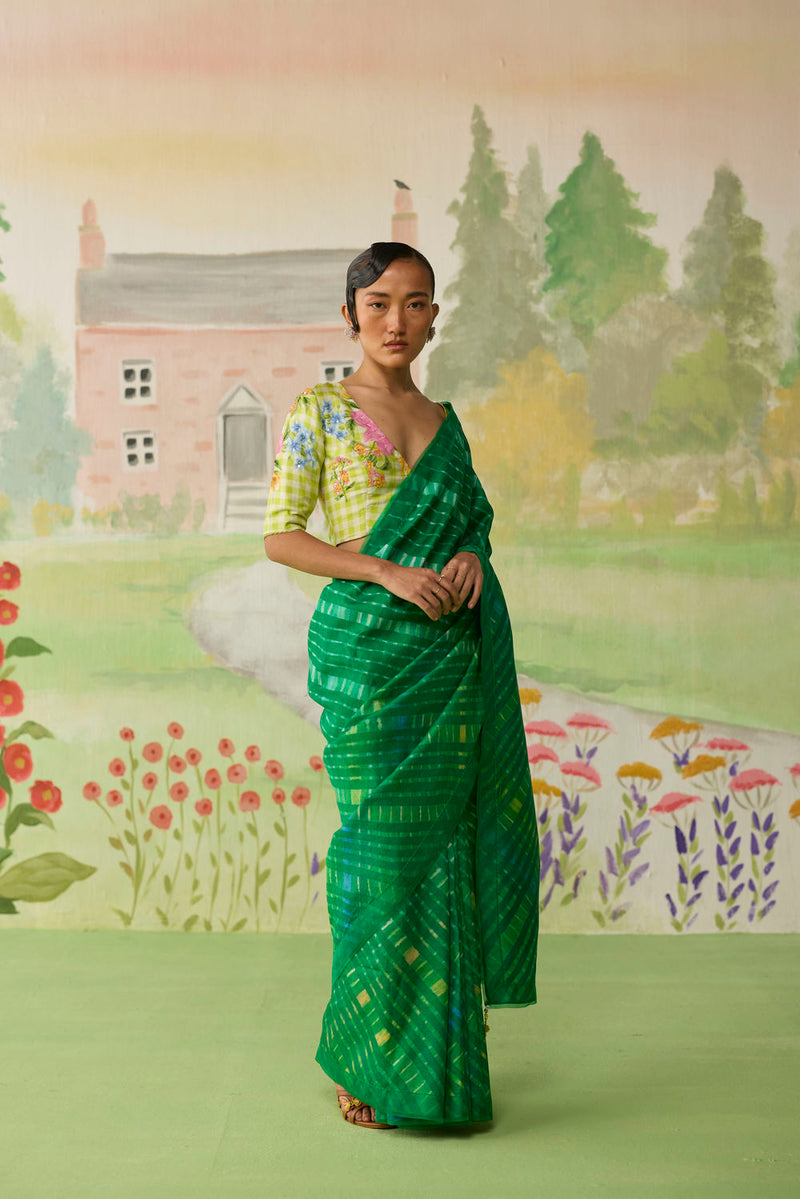 Fern Song Tussar Silk Lehriiya Mothra Sari silk saree by Nadiya Paar in green for women Worldwide