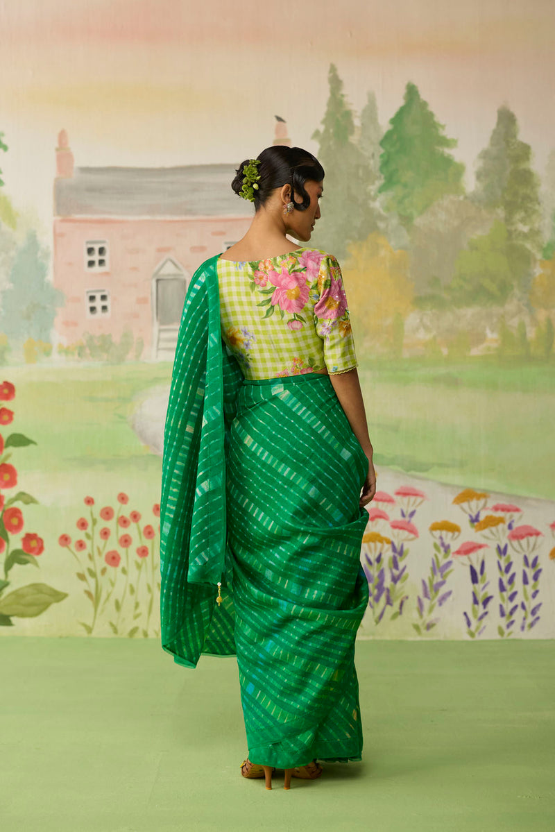Fern Song Tussar Silk Lehriiya Mothra Sari silk saree by Nadiya Paar in green for women Worldwide