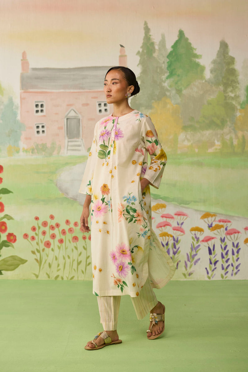 Off-white Daisy Long Kurta Set cotton co-ord set by Nadiya Paar in off white for women Worldwide