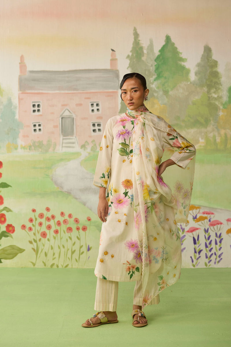 Off-white Daisy Long Kurta Set cotton co-ord set by Nadiya Paar in off white for women Worldwide