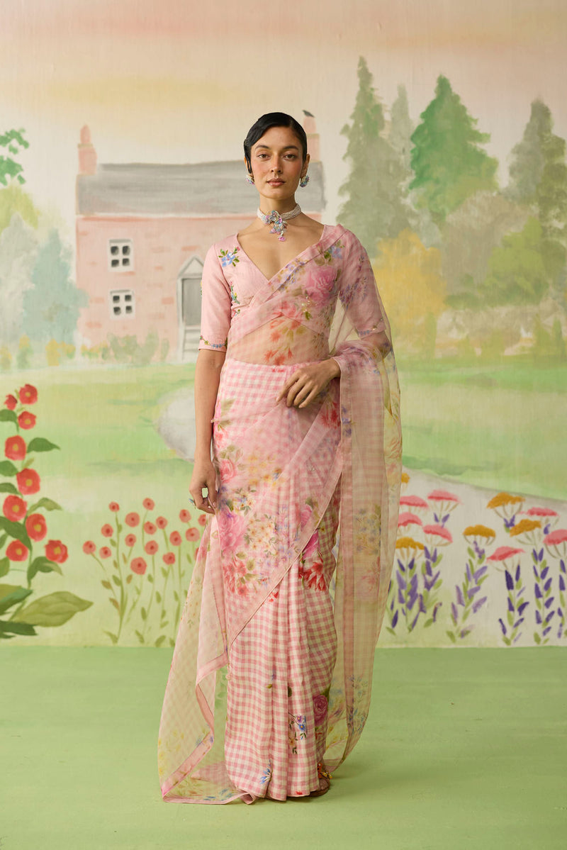 Wild Rose Mulberry Silk and Silk Organza Sari silk saree by Nadiya Paar in pink for women Worldwide