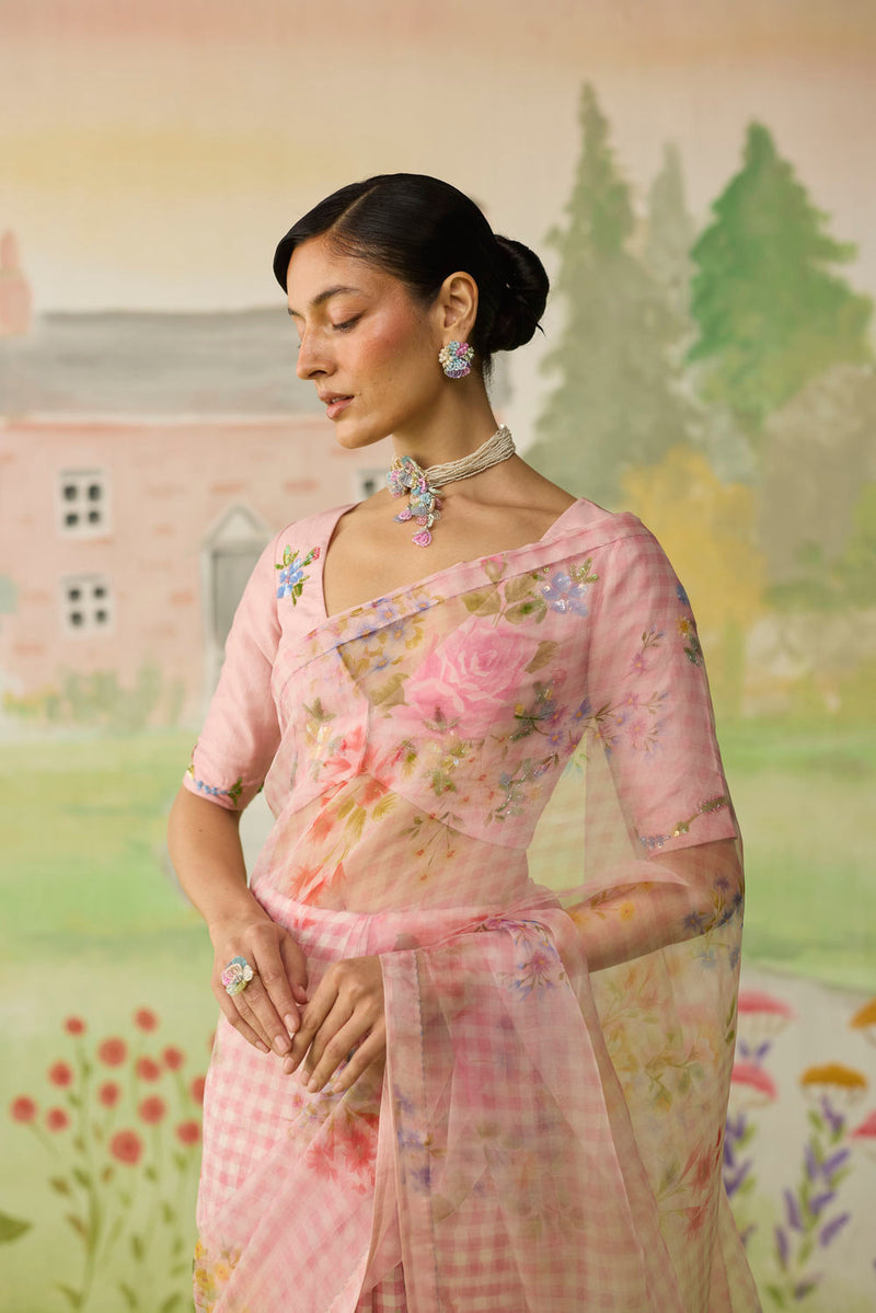 Wild Rose Mulberry Silk and Silk Organza Sari silk saree by Nadiya Paar in pink for women Worldwide