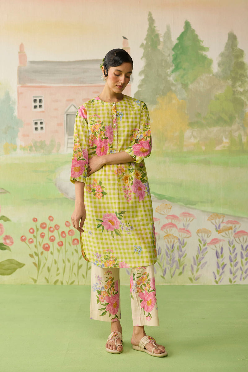 Lime Green Peony Mid Kurta Set cotton co-ord set by Nadiya Paar in green for women Worldwide