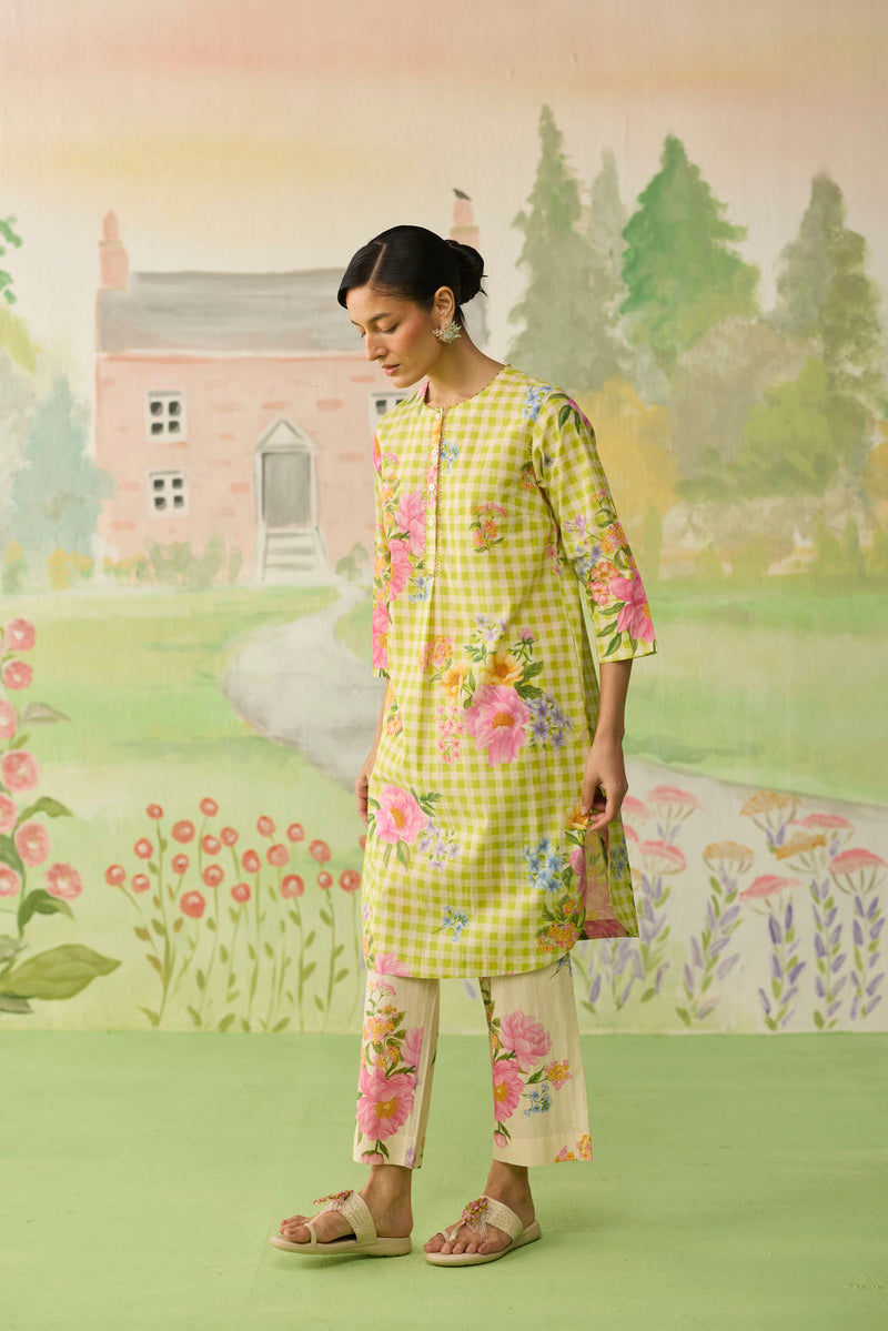 Lime Green Peony Mid Kurta Set cotton co-ord set by Nadiya Paar in green for women Worldwide