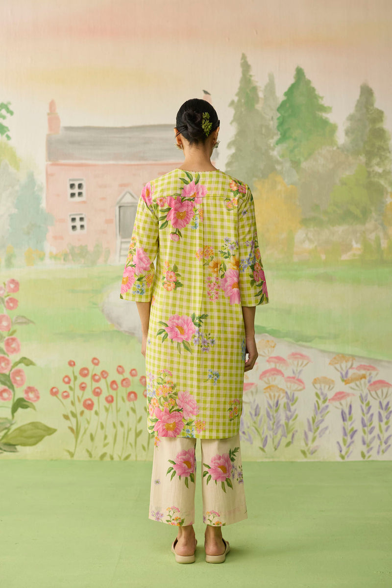 Lime Green Peony Mid Kurta Set cotton co-ord set by Nadiya Paar in green for women Worldwide