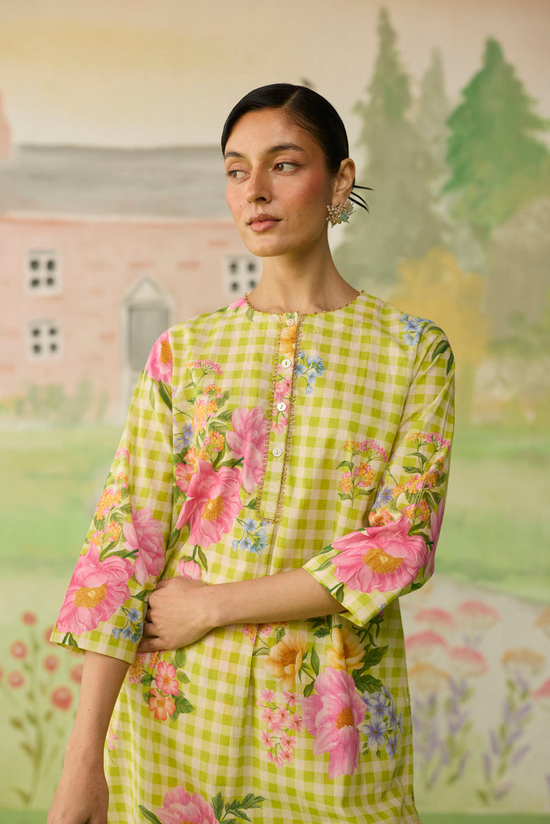 Lime Green Peony Mid Kurta Set cotton co-ord set by Nadiya Paar in green for women Worldwide