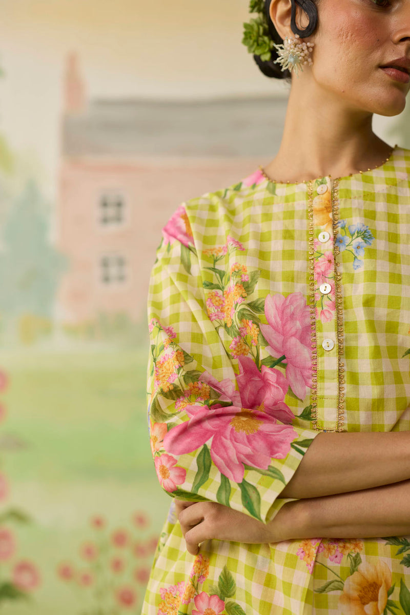 Lime Green Peony Mid Kurta Set cotton co-ord set by Nadiya Paar in green for women Worldwide