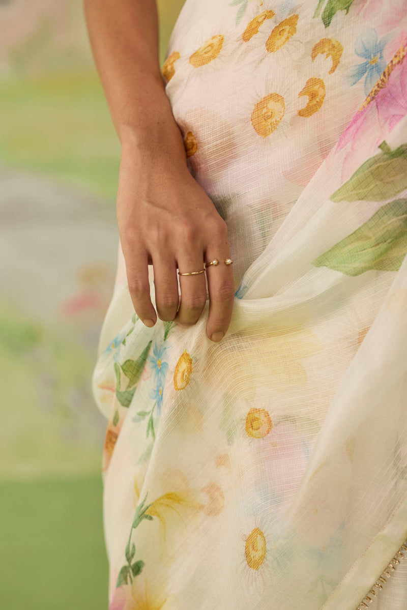 Chamomile Kota Doria Silk Sari silk saree by Nadiya Paar in off white for women Worldwide