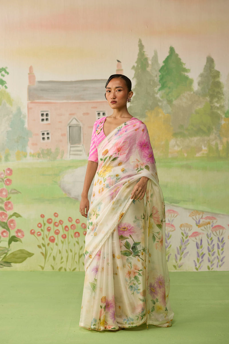 Chamomile Kota Doria Silk Sari silk saree by Nadiya Paar in off white for women Worldwide