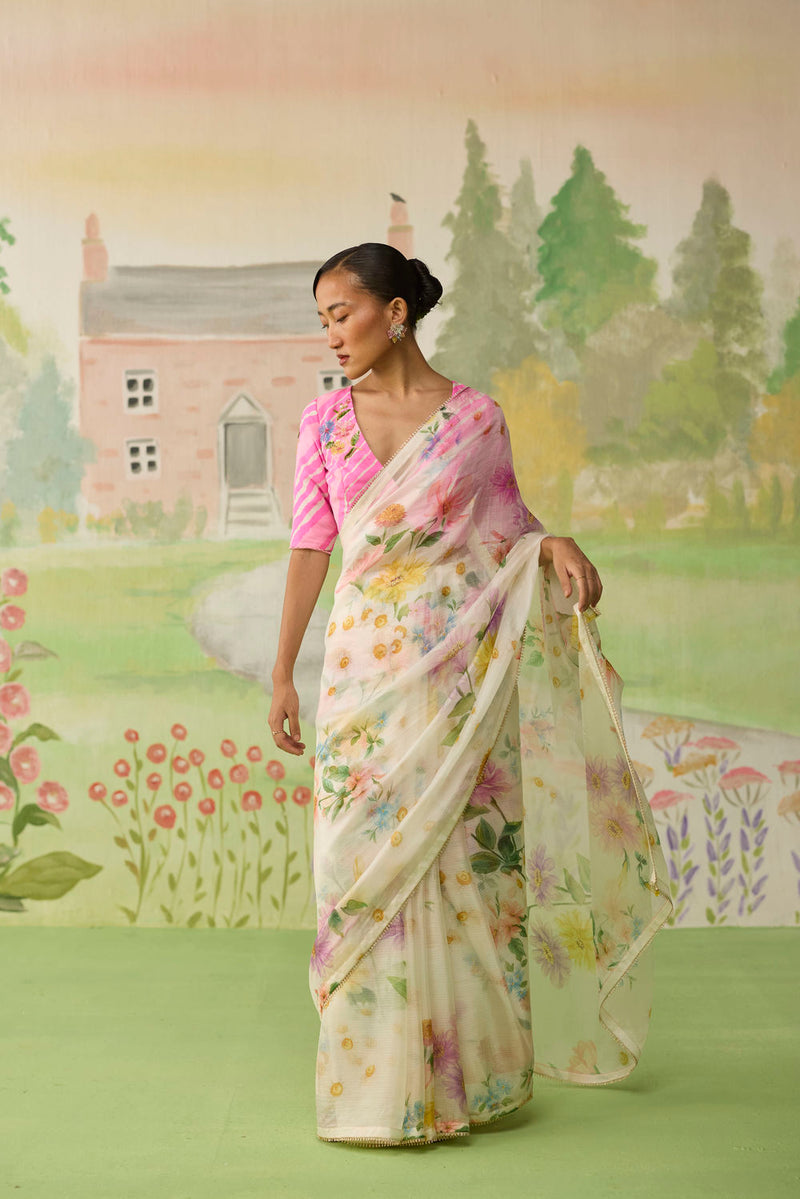 Chamomile Kota Doria Silk Sari silk saree by Nadiya Paar in off white for women Worldwide