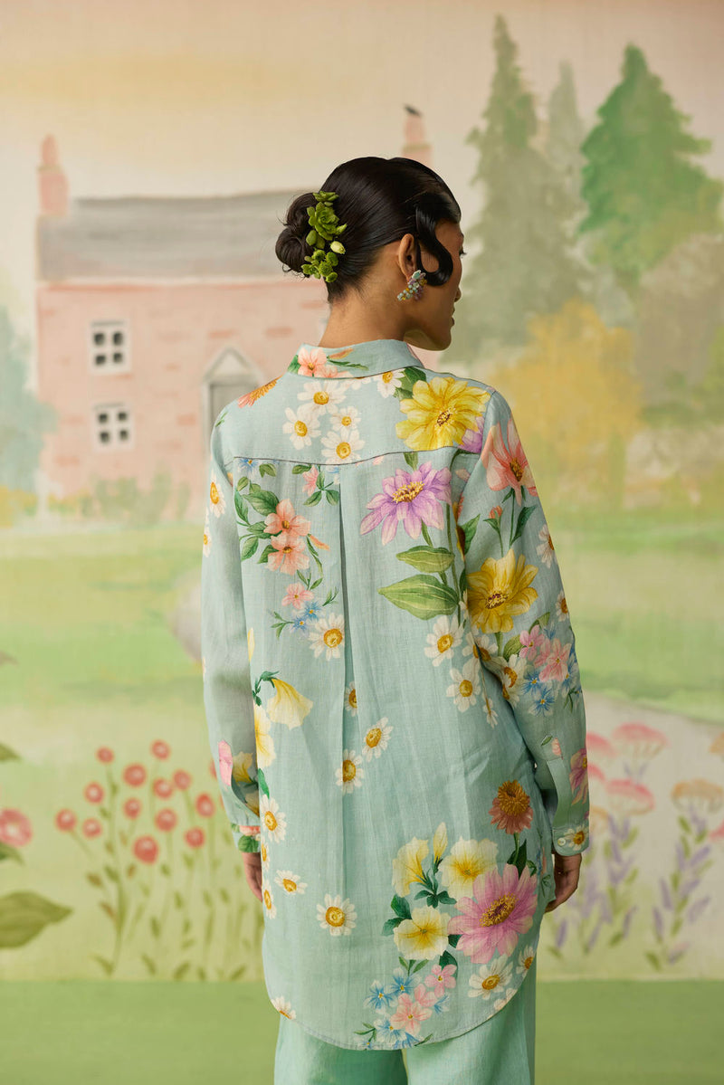 Nice Day Linen Shirt Aqua Blue linen top/shirt by Nadiya Paar in blue for women Worldwide