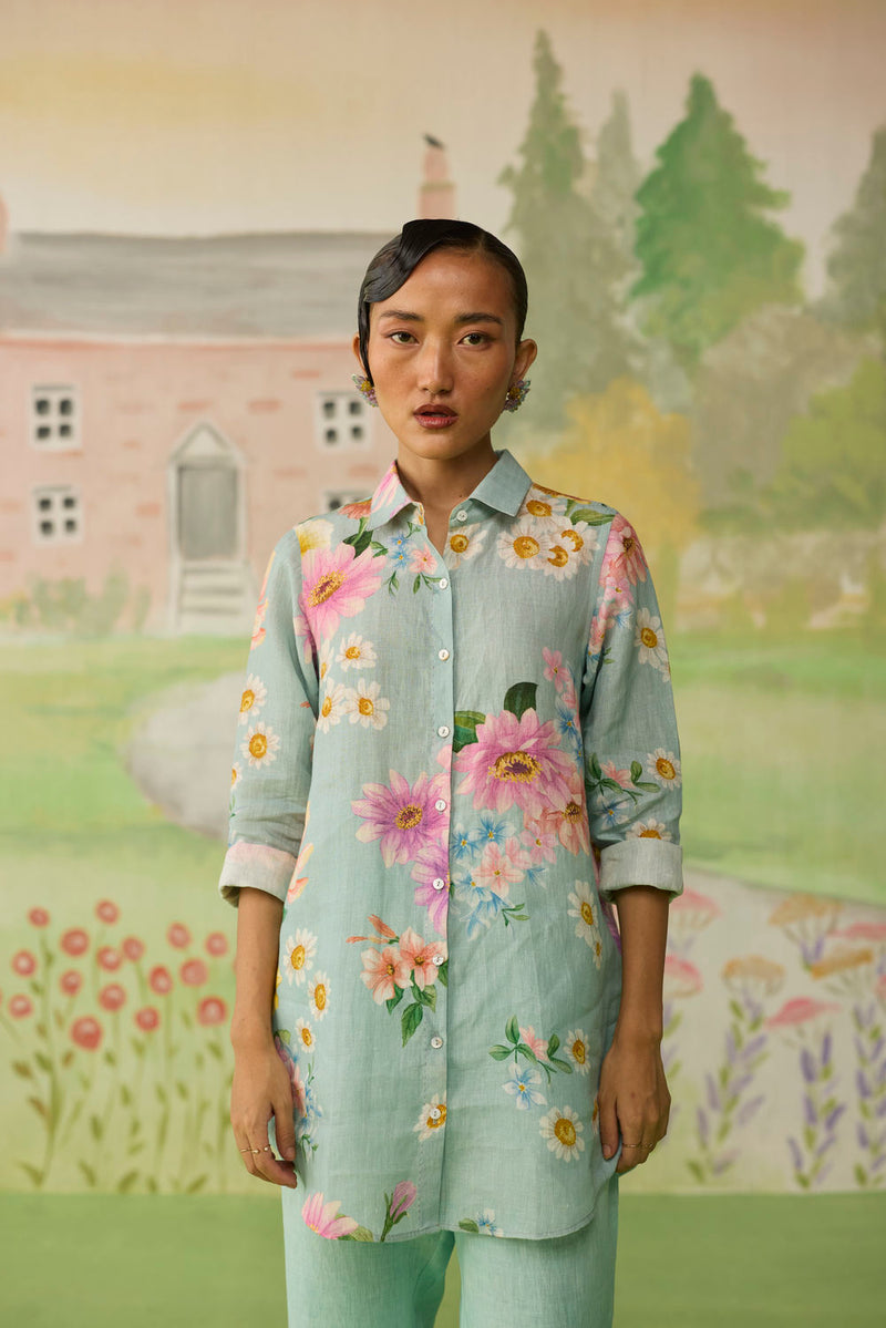 Nice Day Linen Shirt Aqua Blue linen top/shirt by Nadiya Paar in blue for women Worldwide