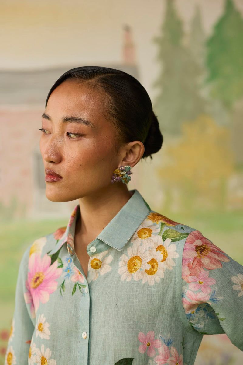 Nice Day Linen Shirt Aqua Blue linen top/shirt by Nadiya Paar in blue for women Worldwide