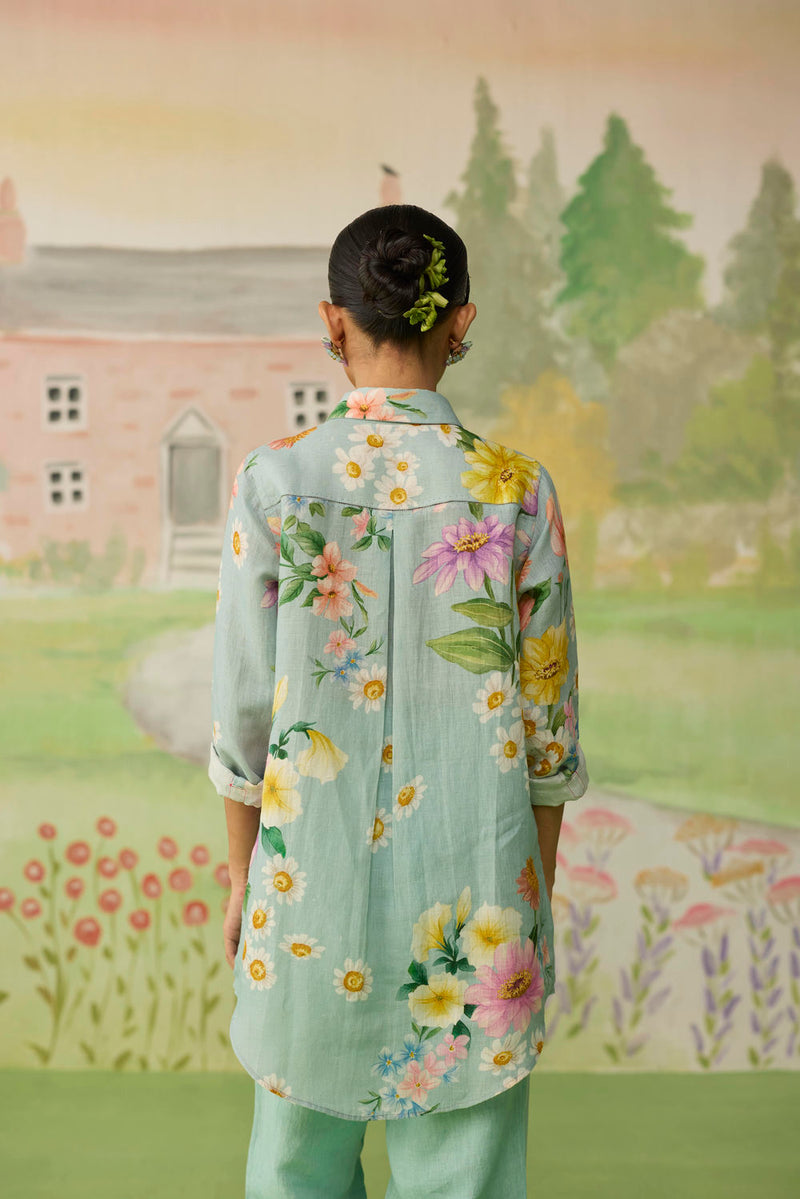 Nice Day Linen Shirt Aqua Blue linen top/shirt by Nadiya Paar in blue for women Worldwide