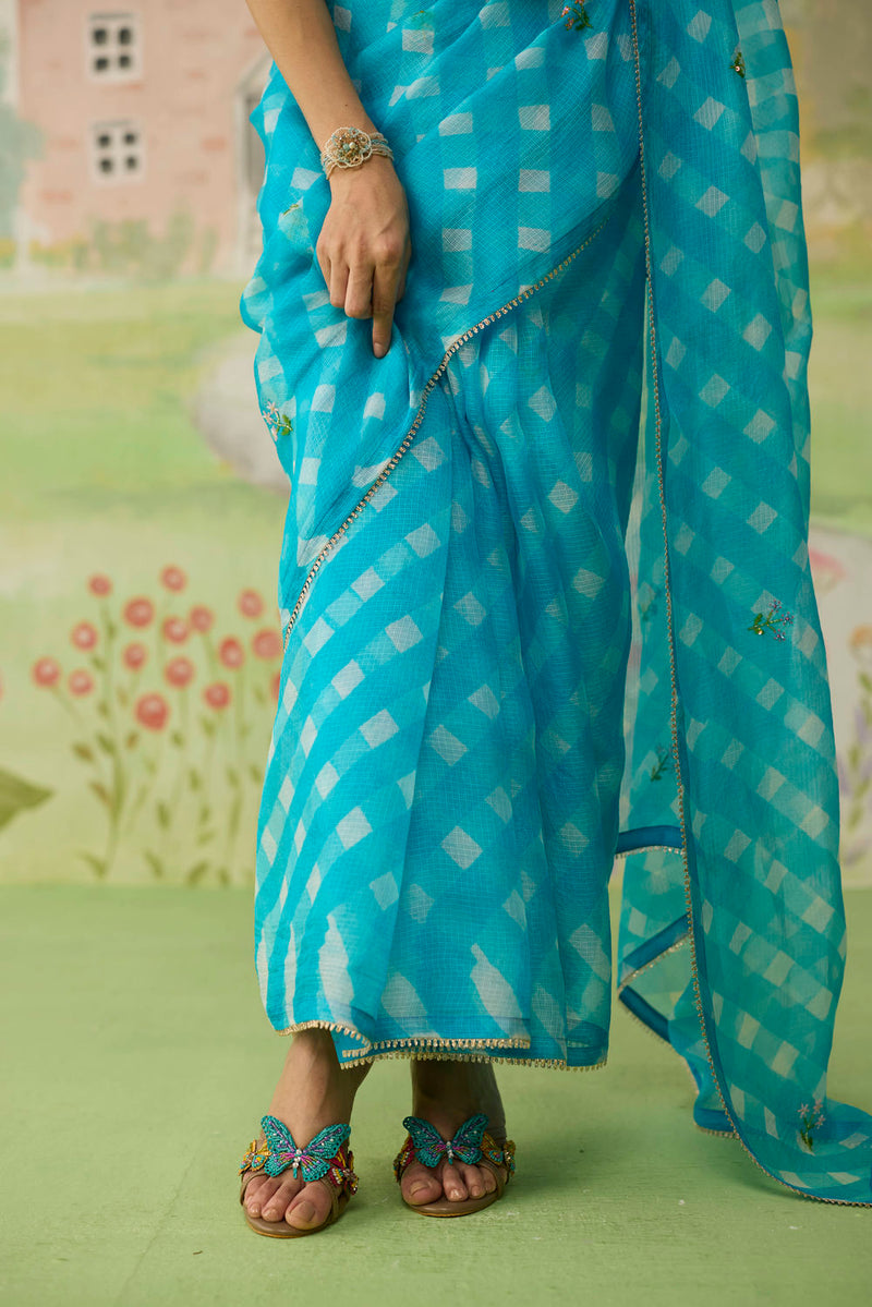 Trellis Blue Kota Doria Silk Lehriya Mothra Sari silk saree by Nadiya Paar in blue for women Worldwide