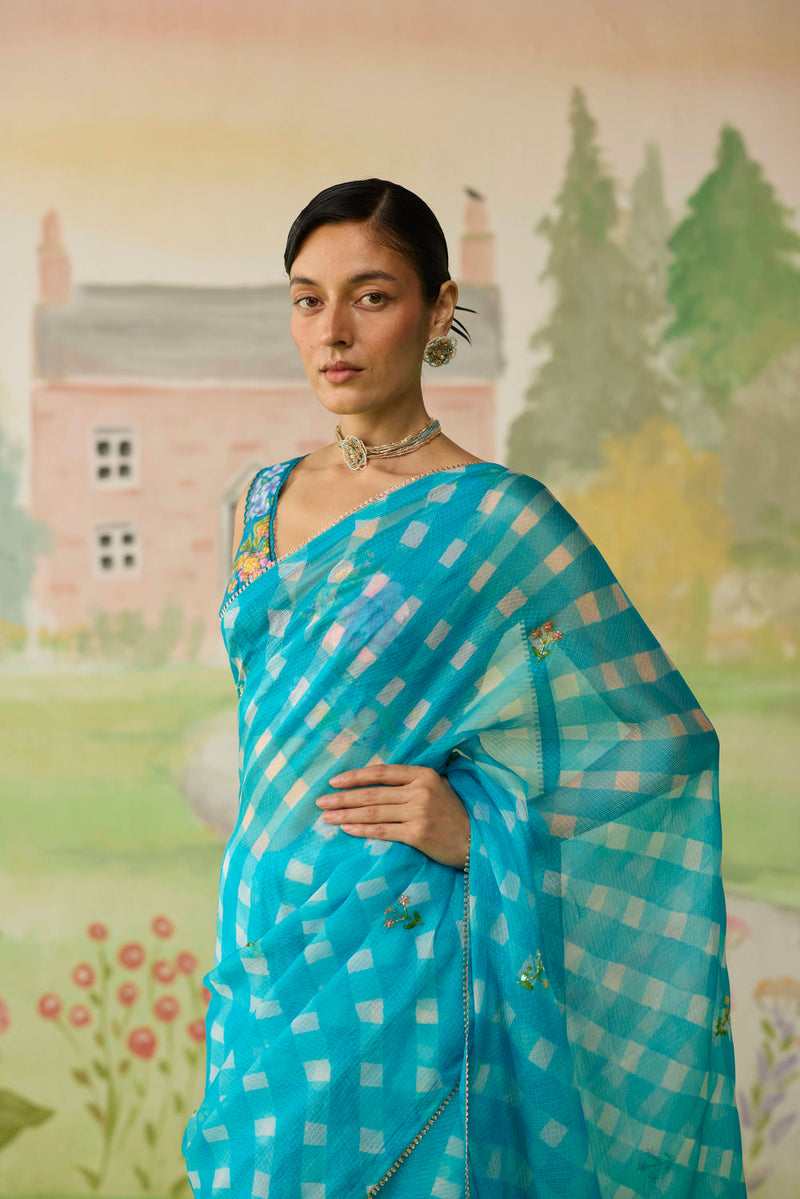 Trellis Blue Kota Doria Silk Lehriya Mothra Sari silk saree by Nadiya Paar in blue for women Worldwide