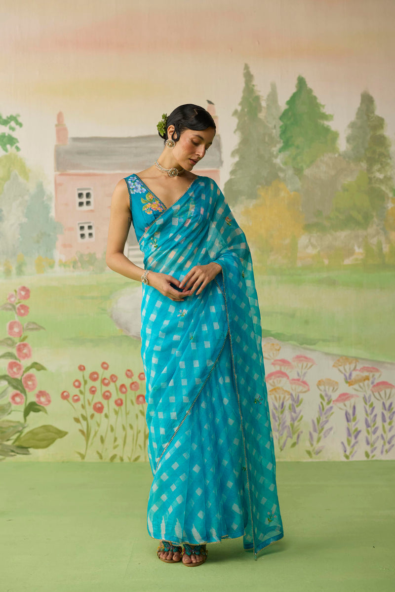 Trellis Blue Kota Doria Silk Lehriya Mothra Sari silk saree by Nadiya Paar in blue for women Worldwide