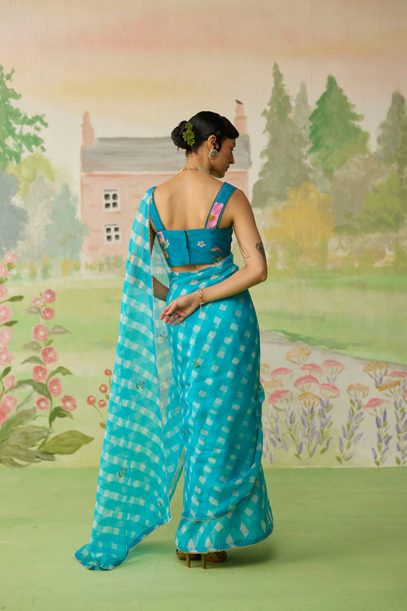 Trellis Blue Kota Doria Silk Lehriya Mothra Sari silk saree by Nadiya Paar in blue for women Worldwide